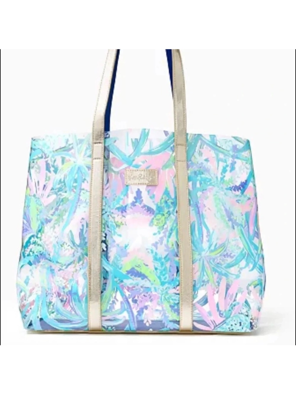 LILY PULITZER Clear PVC Sweet Escape Print Tote Flora Beach Bag Gold Trim VGC